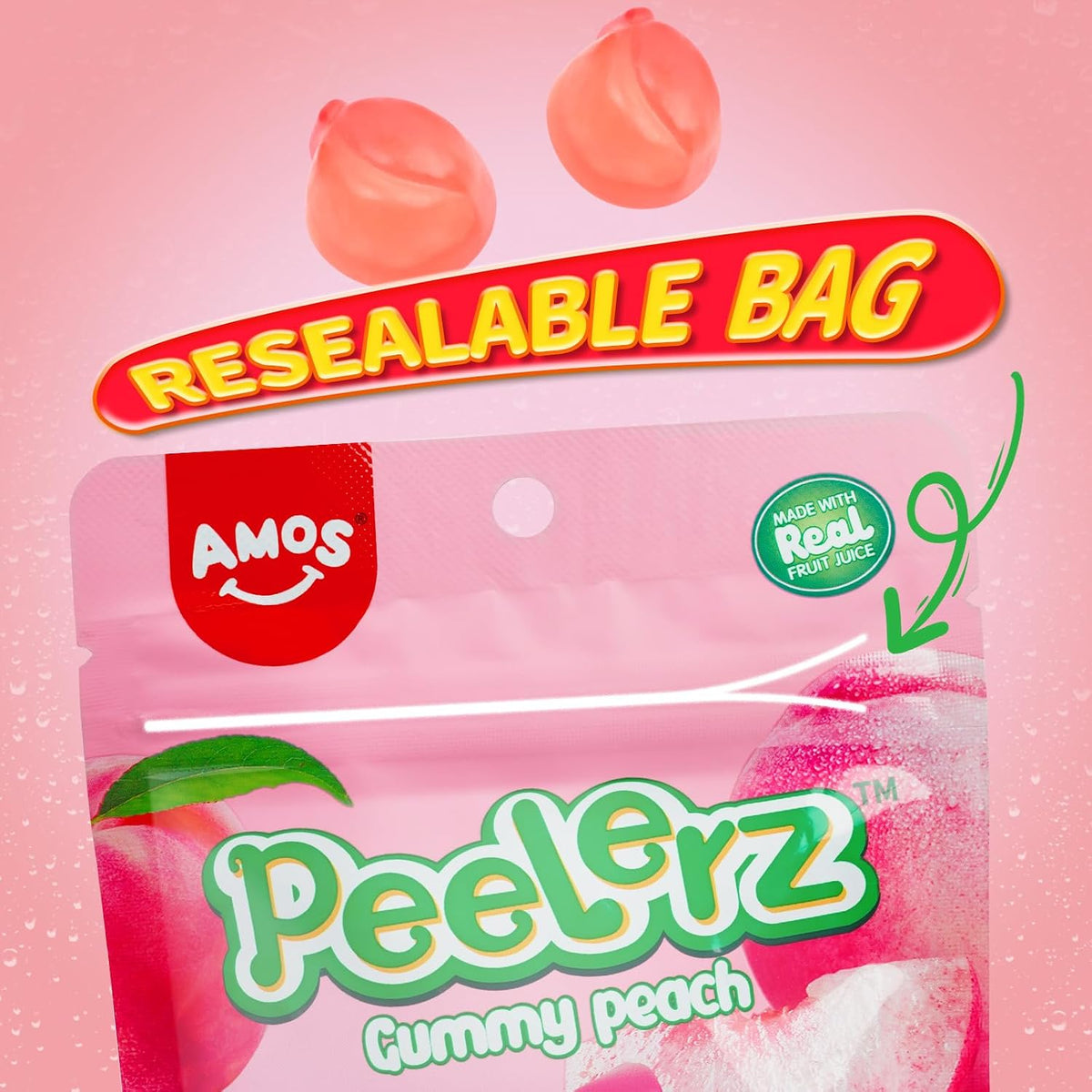 Amos Caramelos de goma Peelerz de durazno, bocadillos de fruta pelables, bolsa resellable de 56 g (paquete de 3)