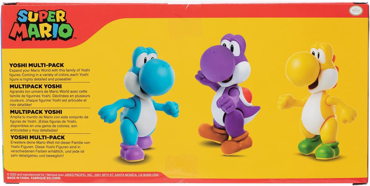 Nintendo Juego de 3 Cifras de acción de 10 cm, auténticas Cifras de Super Mario, Incluye Yoshi Amarillo, Yoshi Morado y Yoshi Azul Claro