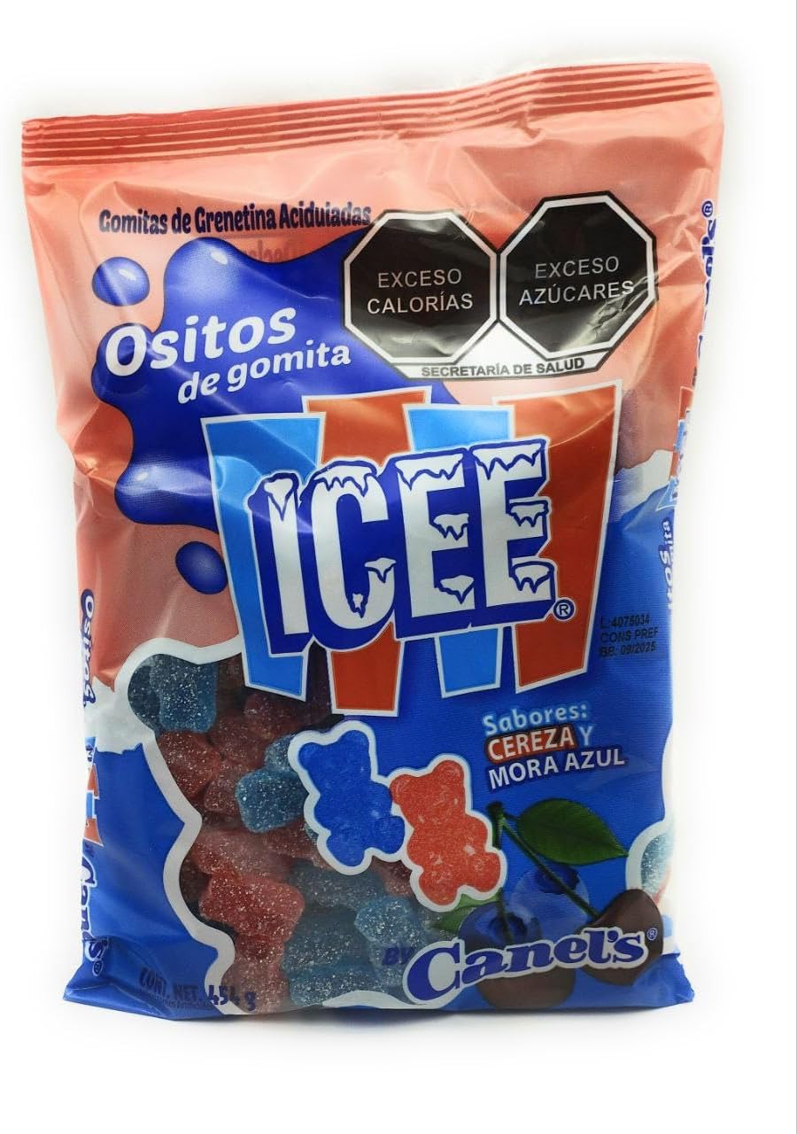 Canel's Ositos de Gomita Azucarados ICEE. Gomitas de Grenetina Aciduladas, Sabores: Mora Azul y Cereza. Bolsa de 454 gramos