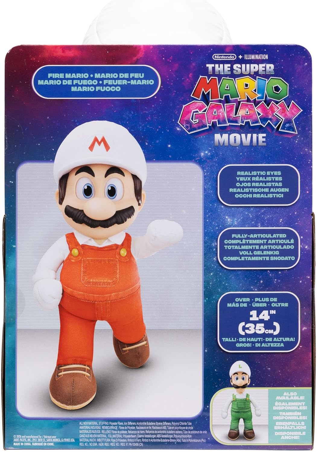 Jakks Pacific Super Mario Galaxy Movie Peluche Fire Mario Articulable 14 Pulgadas con Ojos Acrílicos, Edición Coleccionable, +3 Años