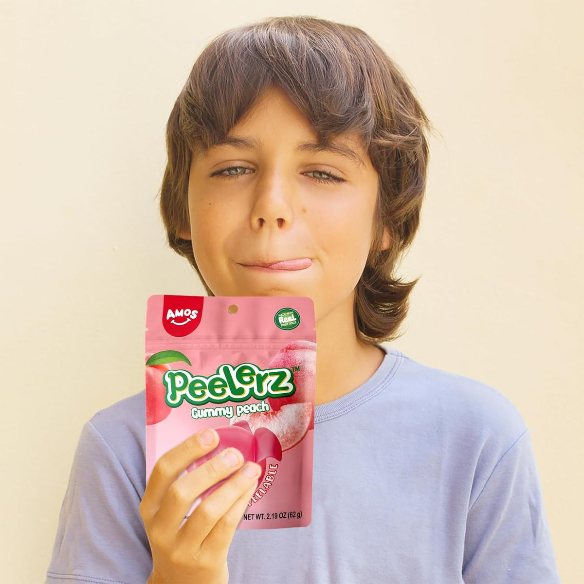 Amos Caramelos de goma Peelerz de durazno, bocadillos de fruta pelables, bolsa resellable de 56 g (paquete de 3)