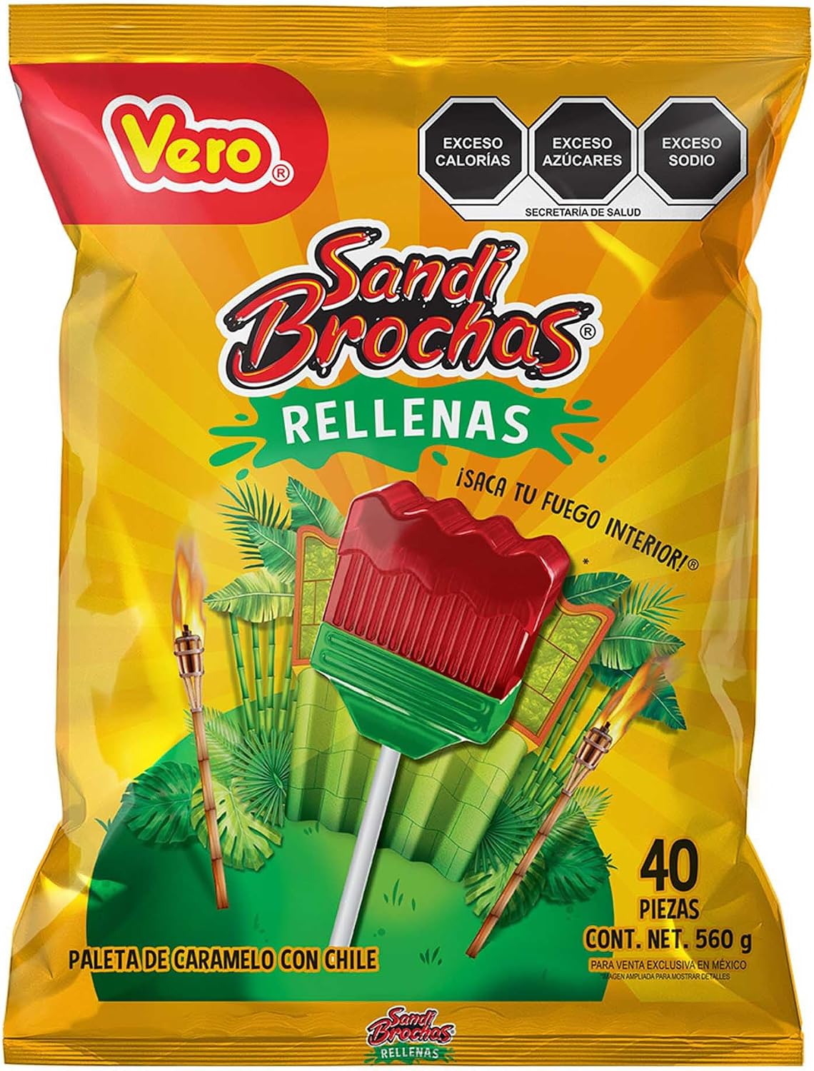Sandibrochas rellenas,paleta de caramelo con chile, Bolsa 40pz de 14g c/u