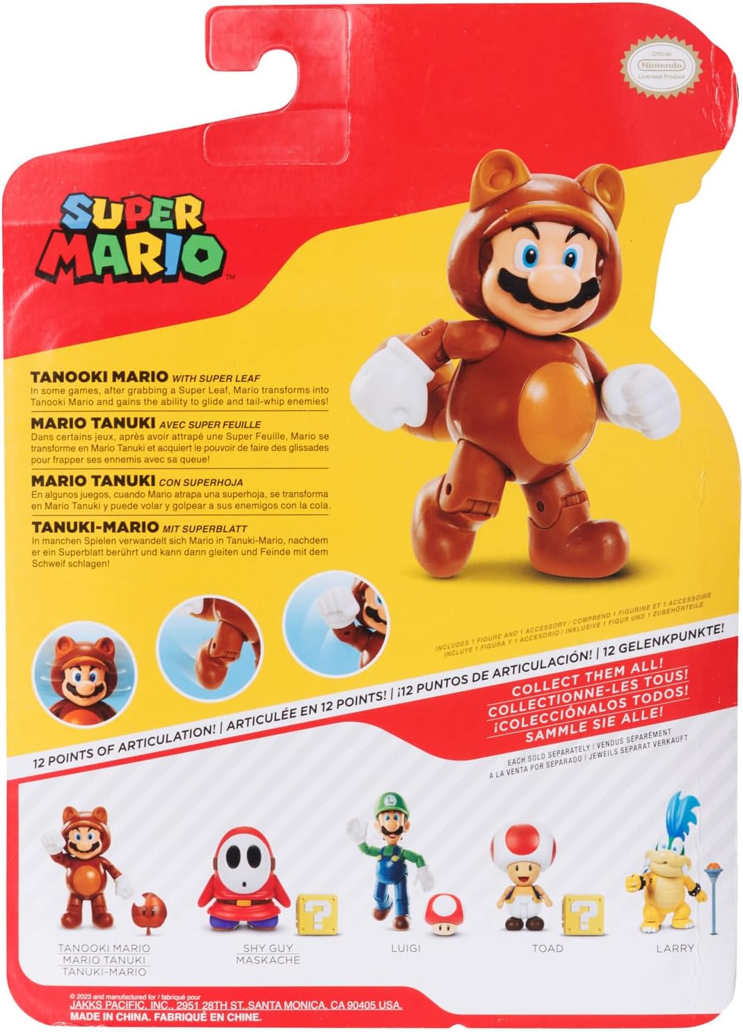 JAKSS Pacific - Nintendo Super Mario Figura Tanooki Mario de 4″ con Hoja Super Leaf – Figura Articulada Oficial de la Colección Super Mario para Fans y Niños 3+ Años