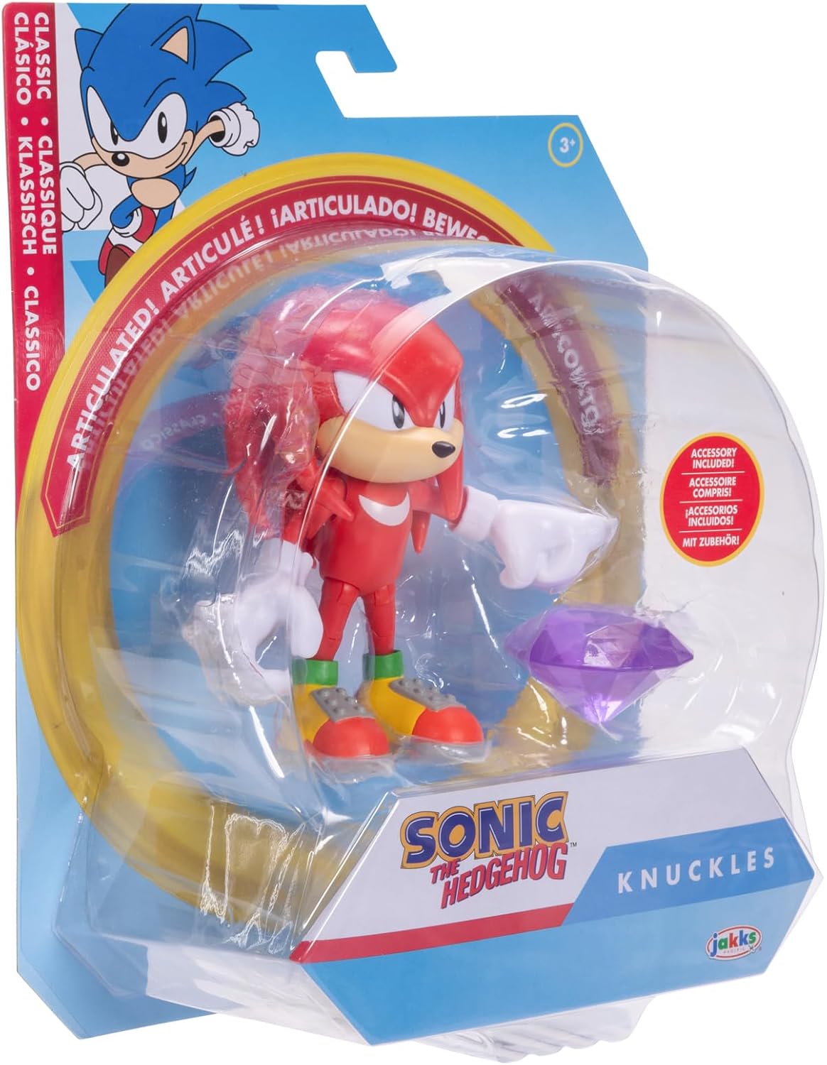 Jakks Pacific - Sega Sonic The Hedgehog Figura Clásica Knuckles de 4″ con Purple Chaos Emerald – Articulada, Coleccionable, para Fans Desde 3+ Años