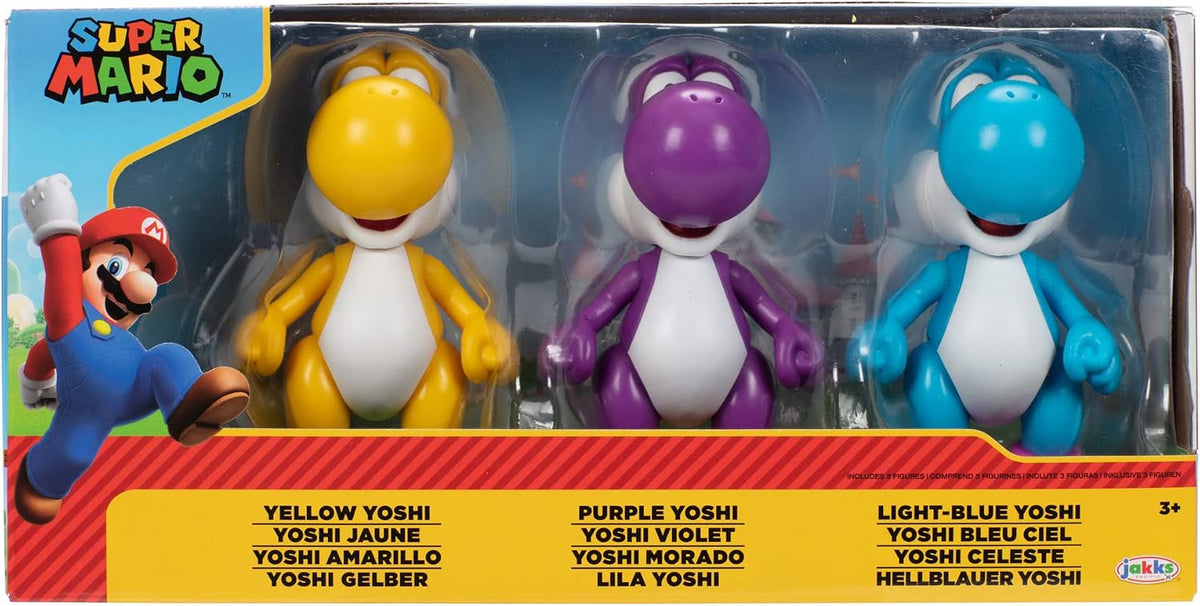 Nintendo Juego de 3 Cifras de acción de 10 cm, auténticas Cifras de Super Mario, Incluye Yoshi Amarillo, Yoshi Morado y Yoshi Azul Claro
