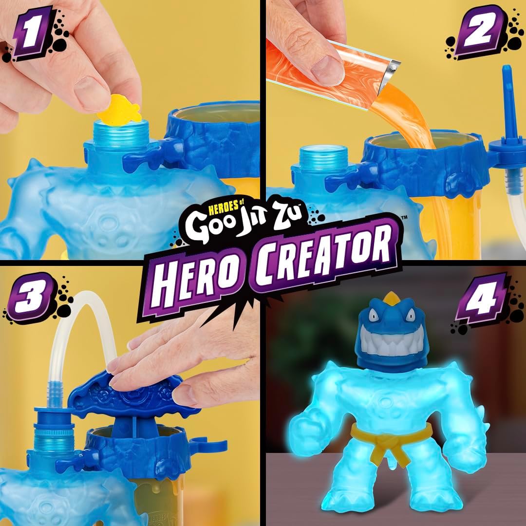 Goo JIT Zu Hero Creator Tyro 3 Rellenos únicos de Goo Mezcla, Llena y CREA tu Propia Brilla en la Oscuridad Figura Elástica para Niños Muñeco Estirable Original Bandai