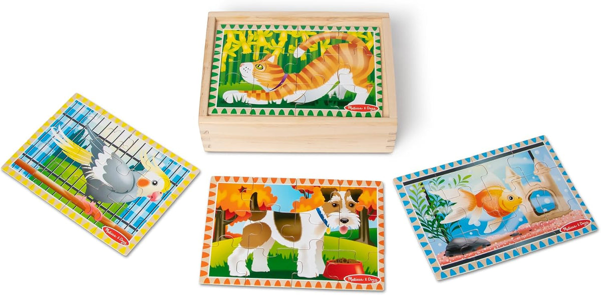 Melissa & Doug Rompecabezas de Mascotas en una Caja, Cuatro Rompecabezas, Juguete de Madera, Resistente Caja de Madera para Almacenamiento (48 Piezas) - FSC-Certified