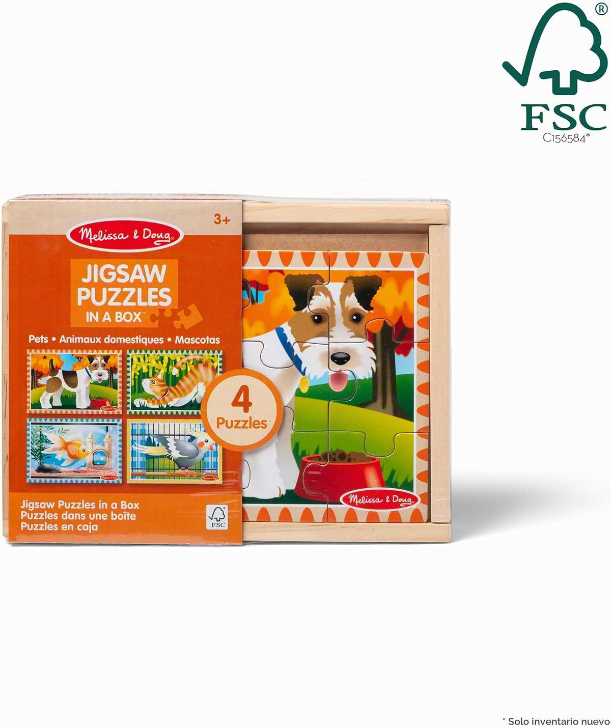 Melissa & Doug Rompecabezas de Mascotas en una Caja, Cuatro Rompecabezas, Juguete de Madera, Resistente Caja de Madera para Almacenamiento (48 Piezas) - FSC-Certified
