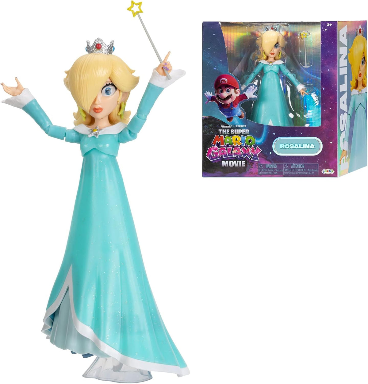 Jakks Pacific Super Mario Galaxy Movie Figura Rosalina 5 Pulgadas con Varita y Base Transparente, 10 Puntos de Articulación, Ojos Acrílicos, Coleccionable, +3 Años