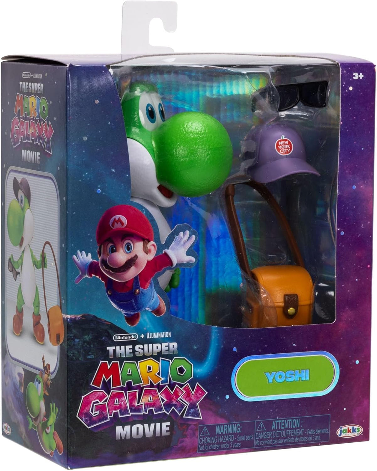 Jakks Pacific Super Mario Galaxy Movie Figura Yoshi 5 Pulgadas con Sombrero, Lentes y Bolsa, 20 Puntos de Articulación, Coleccionable, +3 Años