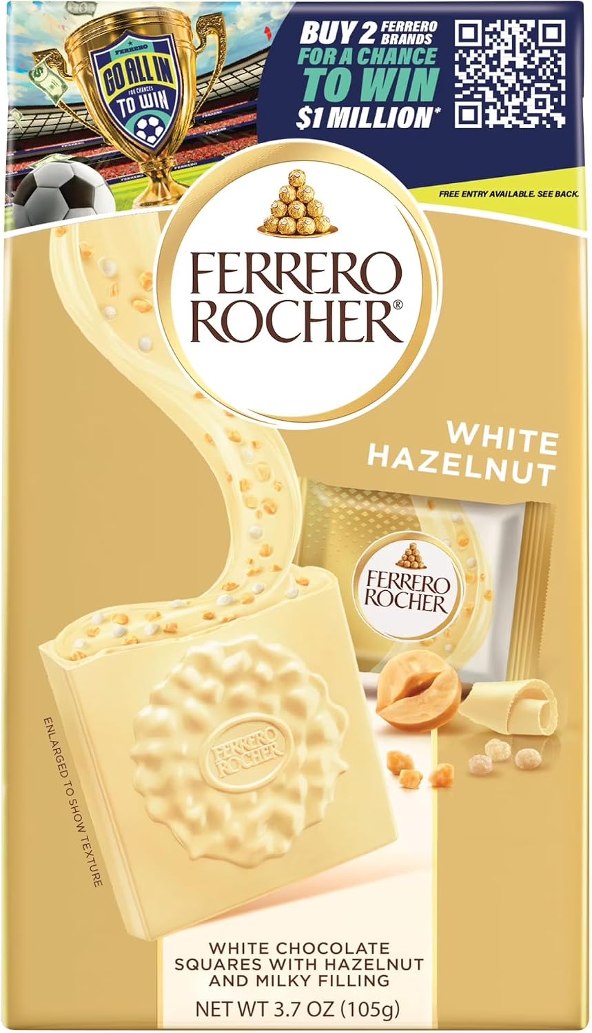 Ferrero Rocher, Cuadros de Chocolate Blanco Rellenos de Avellana, Paquete de 10 Piezas