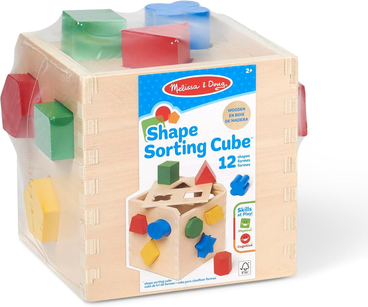 Melissa & Doug Cubo Clasificador de Formas, Juguete de Madera, Juguete Clásico de Desarrollo, Piezas Fáciles de Agarrar (12 Piezas)