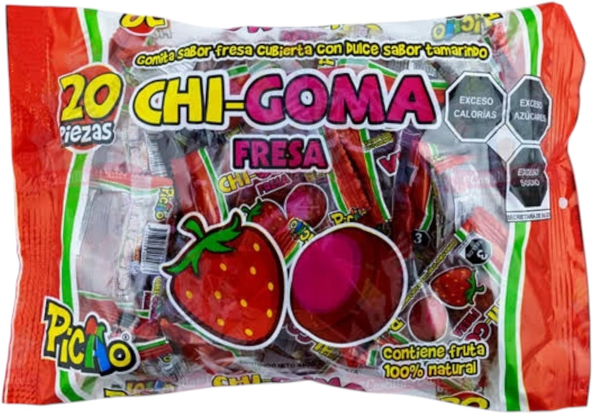 Picao Chi-Goma Fresa - Gomita sabor fresa cubierta con dulce sabor tamarindo - 20 piezas - 440 g