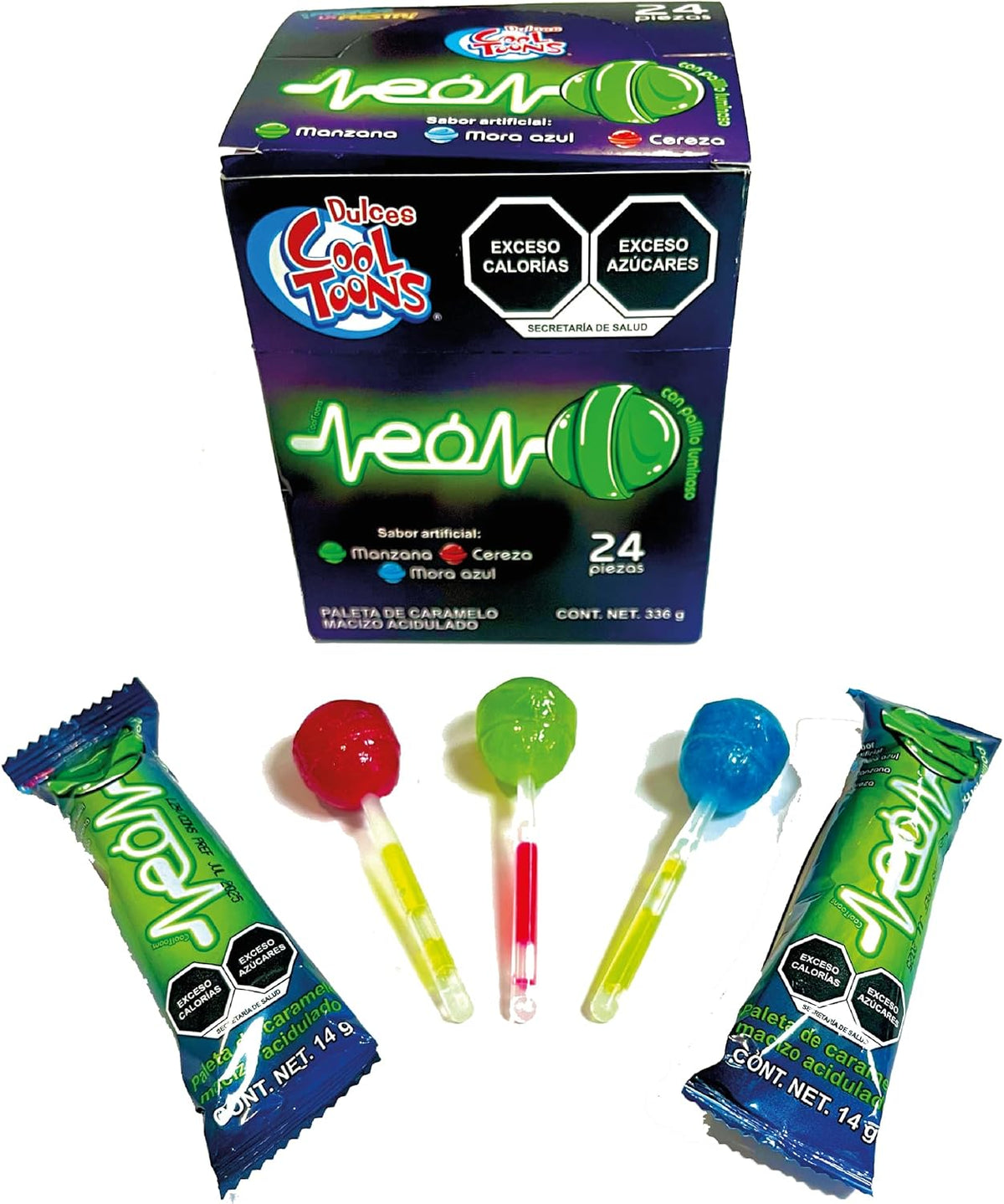 Paleta Cool Toons Neón , Paquete 2 cajas (24 Paletas 14grs - c/caja). Paleta de Caramelo Macizo con forma de bola sabor Cereza, Mora azul, Manzana, con palillo luminosos que brilla en la oscuridad, estilo laser. paleta del antro