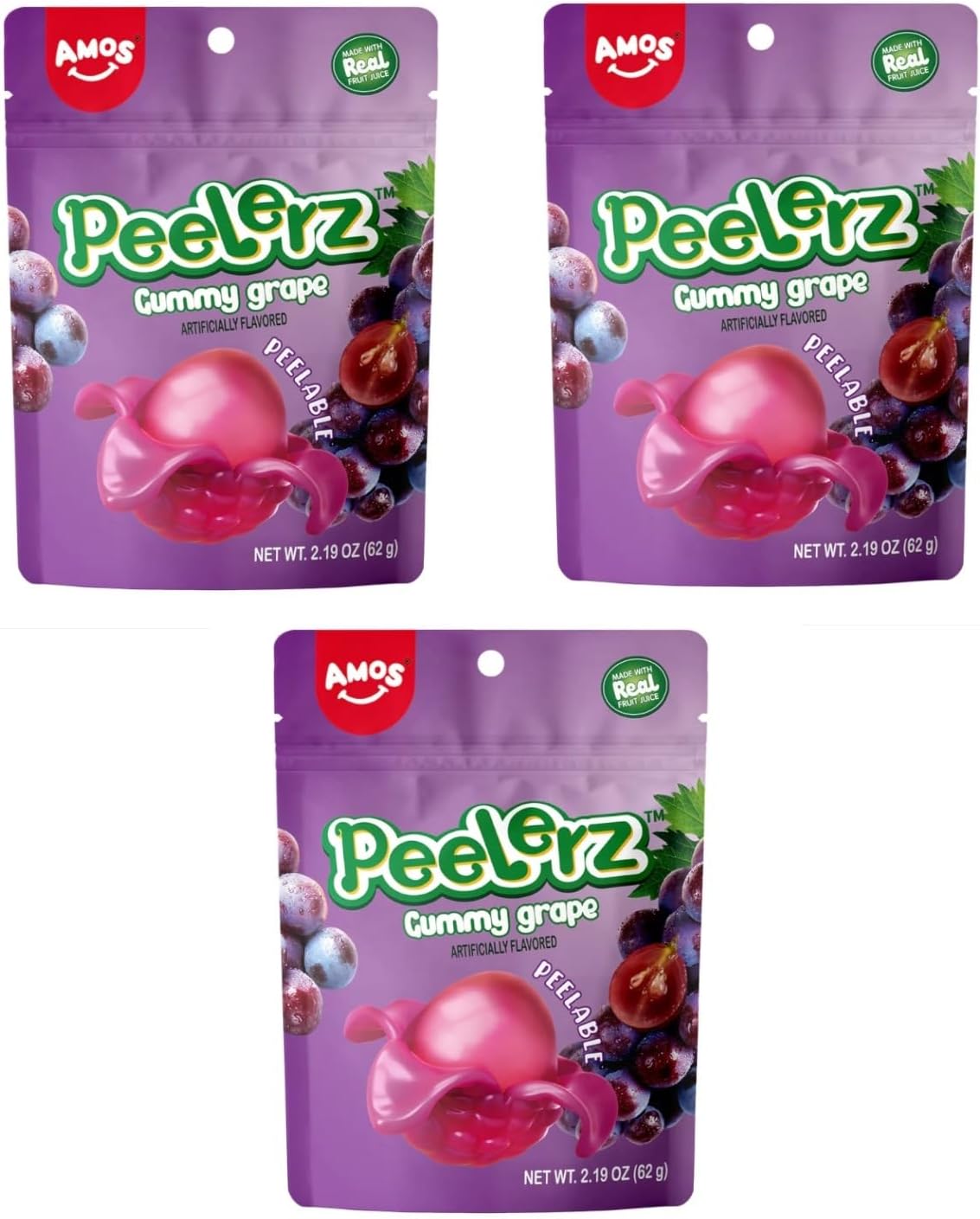 Amos Peelerz, Gomitas Pelables Sabor Uva, 85g - 3 bolsas