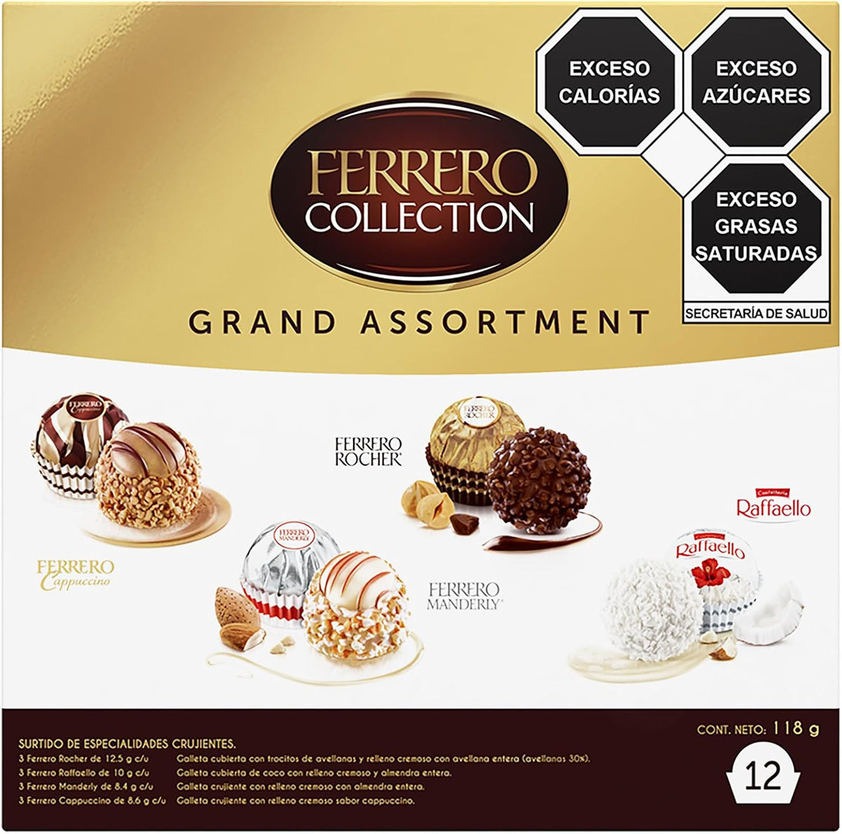 Ferrero Rocher Grand Assortment 118 g | Surtido de 12 Pralinas Premium con Rocher, Raffaello, Manderly y Cappuccino | Regalo Elegante Navidad