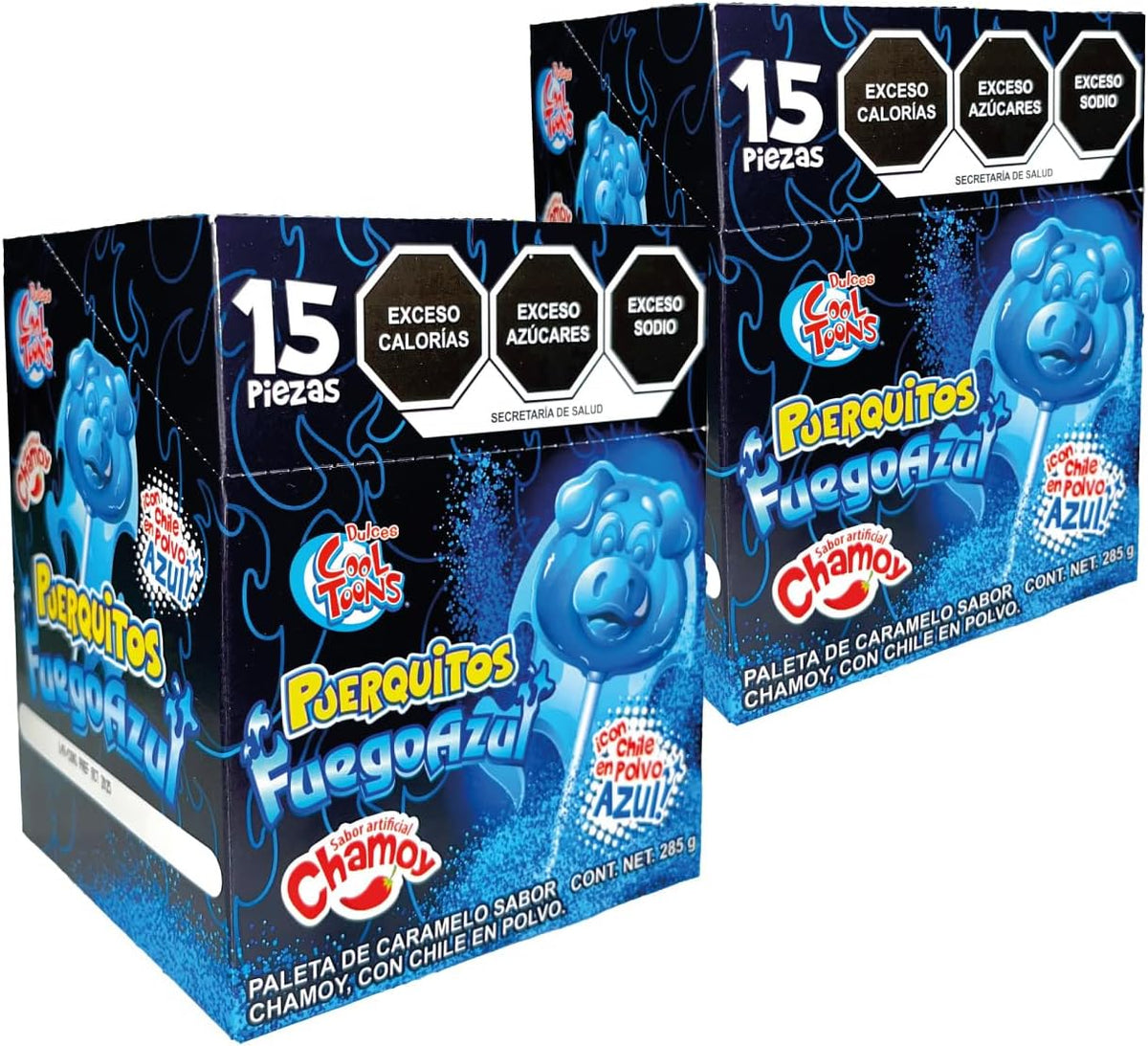 Dulces Cool Toons- Paleta Puerquitos Fuego Azul Paquete 2 cajas (15 Paletas 19grs - c/caja). Sabor Chamoy con chile en polvo . Paleta de Caramelo Macizo con forma de cara de Puerquito).