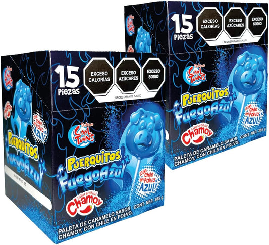 Dulces Cool Toons- Paleta Puerquitos Fuego Azul Paquete 2 cajas (15 Paletas 19grs - c/caja). Sabor Chamoy con chile en polvo . Paleta de Caramelo Macizo con forma de cara de Puerquito).
