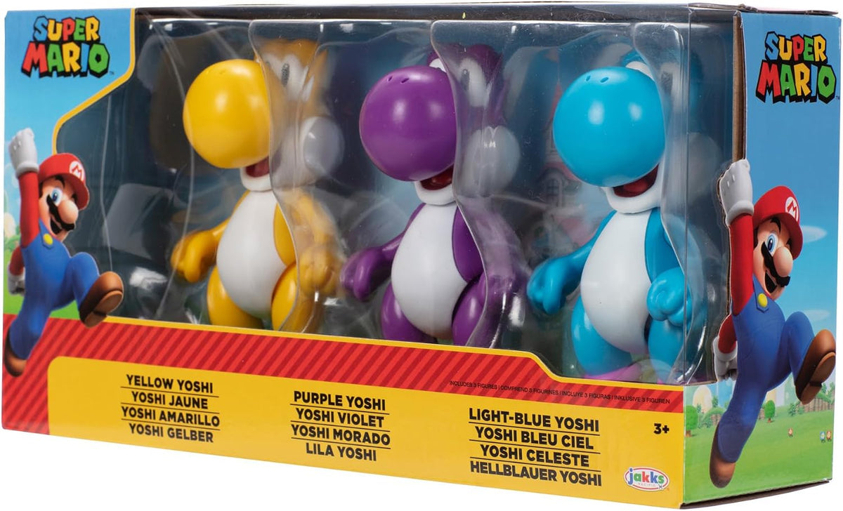 Nintendo Juego de 3 Cifras de acción de 10 cm, auténticas Cifras de Super Mario, Incluye Yoshi Amarillo, Yoshi Morado y Yoshi Azul Claro