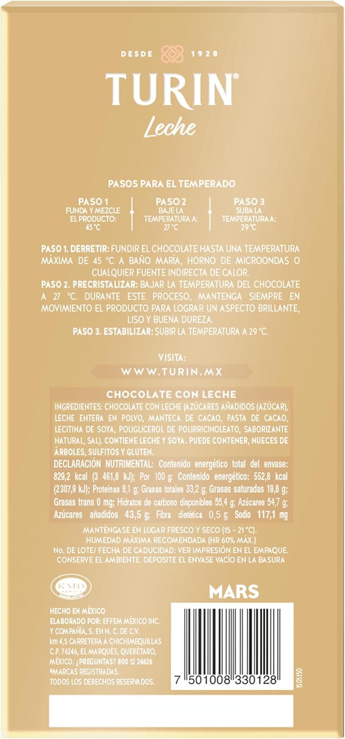 Turin Tablilla de Chocolate con Leche para Reposteria 150G