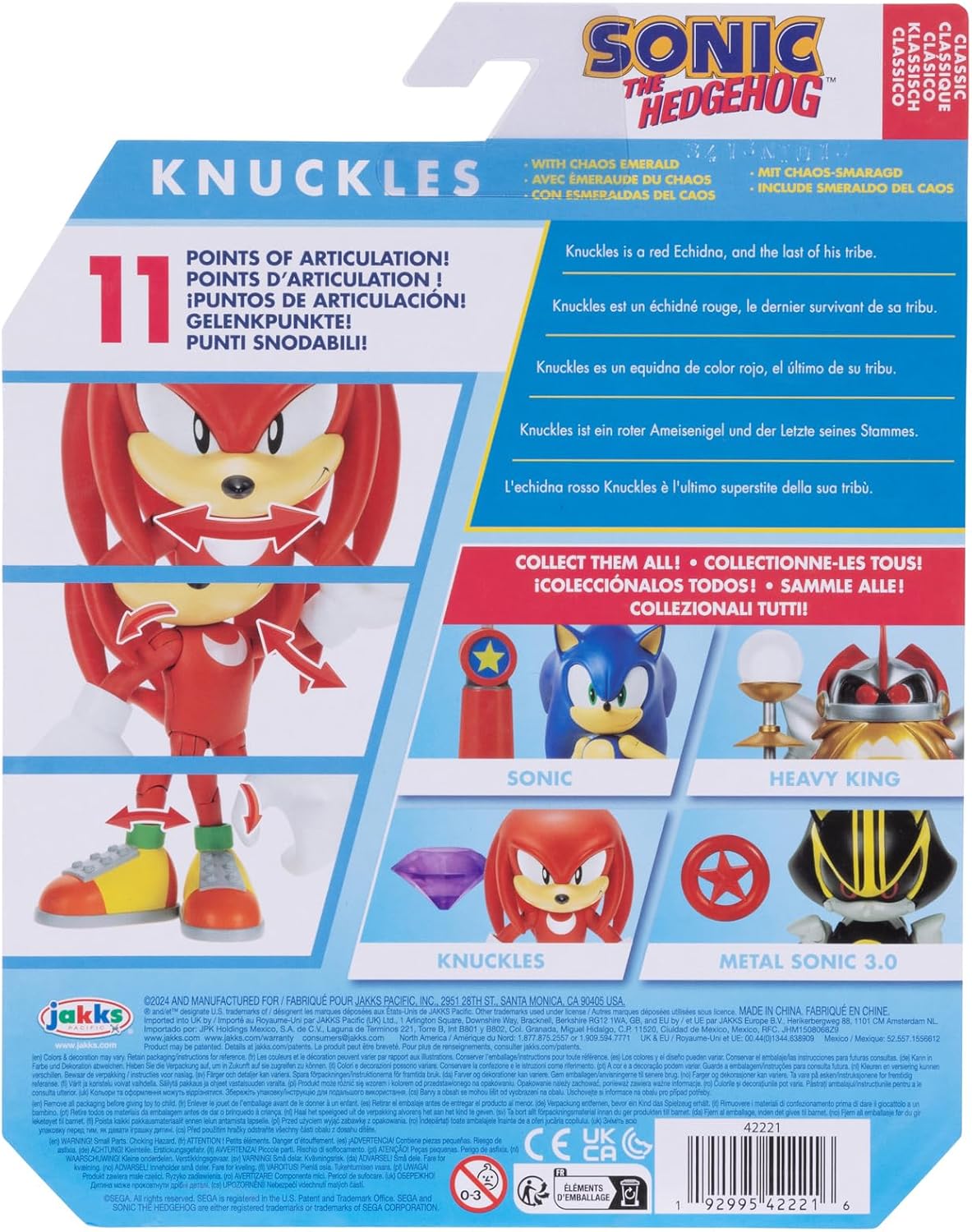 Jakks Pacific - Sega Sonic The Hedgehog Figura Clásica Knuckles de 4″ con Purple Chaos Emerald – Articulada, Coleccionable, para Fans Desde 3+ Años