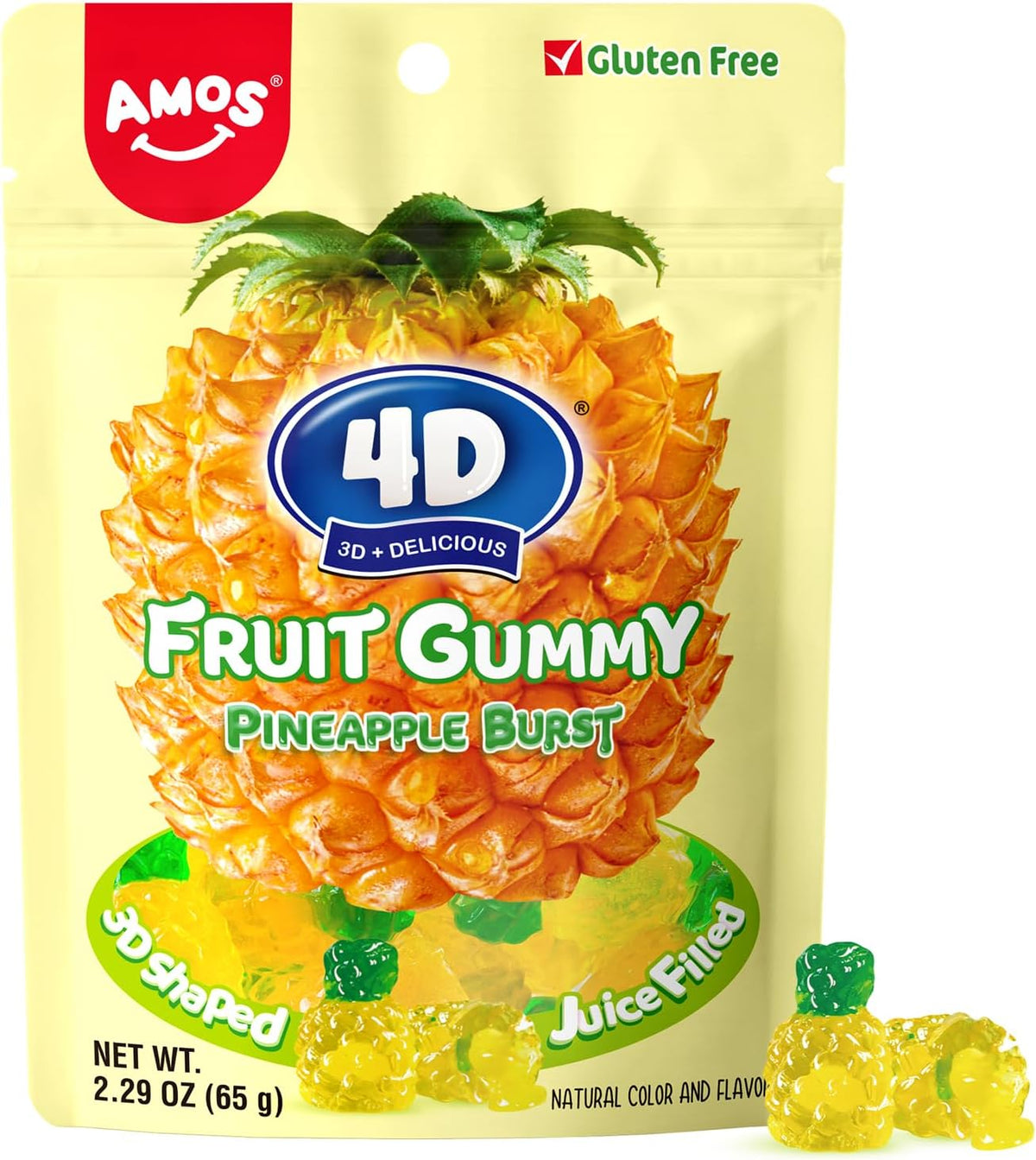 Amos Gomitas de Frutas en 4D, Gomitas de Frutas, Bocadillos de Piña, Bolsa Resellable de 2,29 Oz, Sabor Natural, C 2,29 Onzas (Paquete de 3)