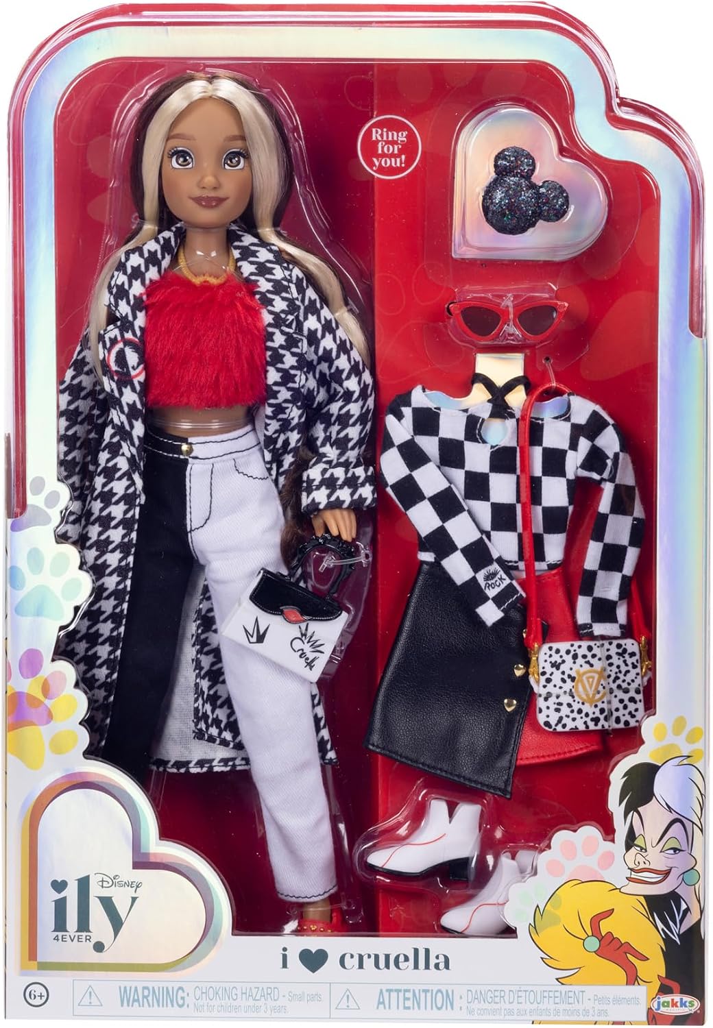 Disney ILY 4Ever Dolls Cruella de 11.5 Pulgadas de Alto con 13 Puntos de articulación, Dos Conjuntos completos de Mezcla y combinación y Anillo de Mickey Brillante para ti