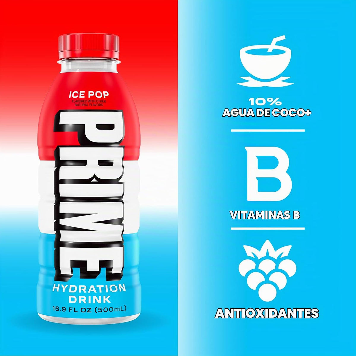 Prime – Bebida de Hidratación Sabor Ice Pop – Prime Hydration Drink Ice Pop, 16.9 fl oz (500 ml) por Botella, Pack de 12, Total 202.8 fl oz (6 L)