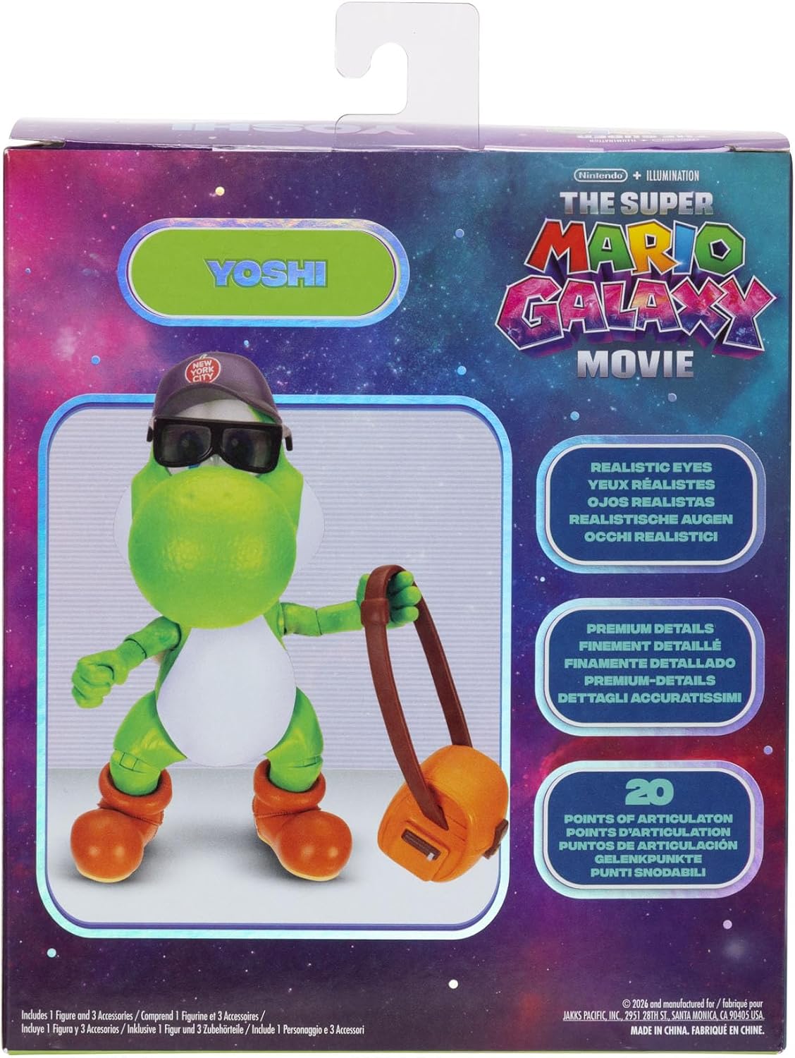 Jakks Pacific Super Mario Galaxy Movie Figura Yoshi 5 Pulgadas con Sombrero, Lentes y Bolsa, 20 Puntos de Articulación, Coleccionable, +3 Años