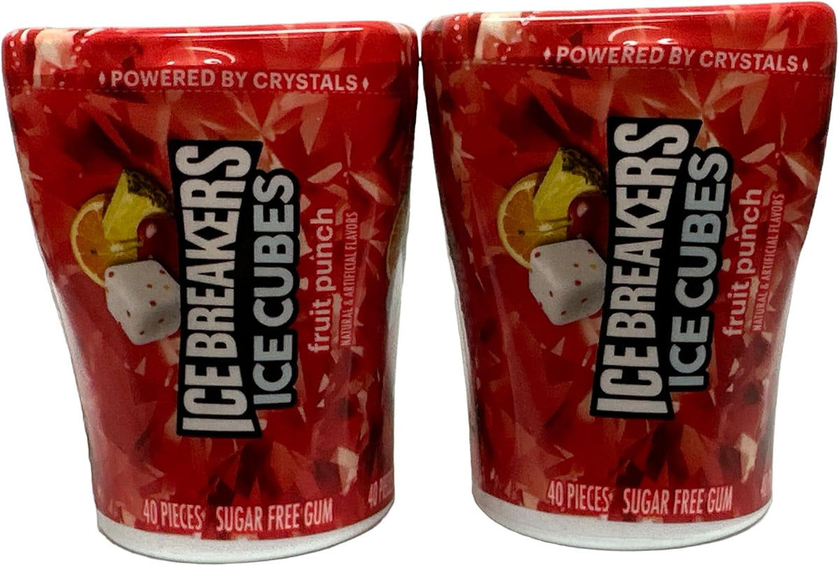 Ice Breakers Ice Cubes - Goma de Mascar sin Azúcar, Ponche de Frutas, Botellas de 40 Unidades, 2 Unidades con Tarjeta de Recetas de Marca Thisnthat, ThisNThat, CHEWING_GUM, Fruta., 2 Unidades