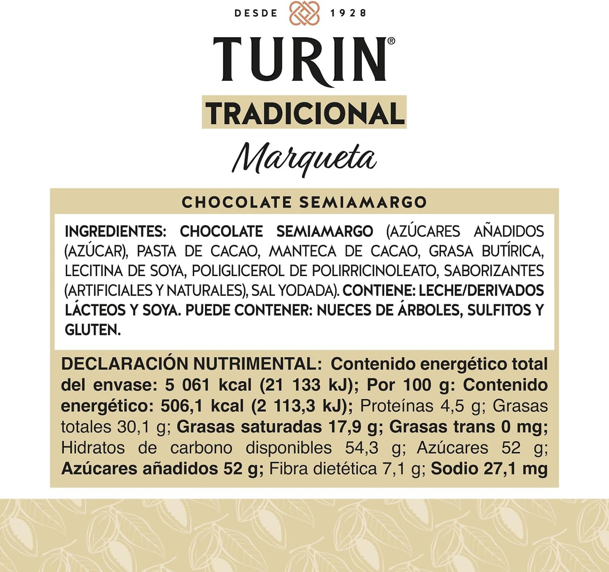 Turin Alta Reposteria Marqueta Cobertura de Chocolate Semiamargo 1kg