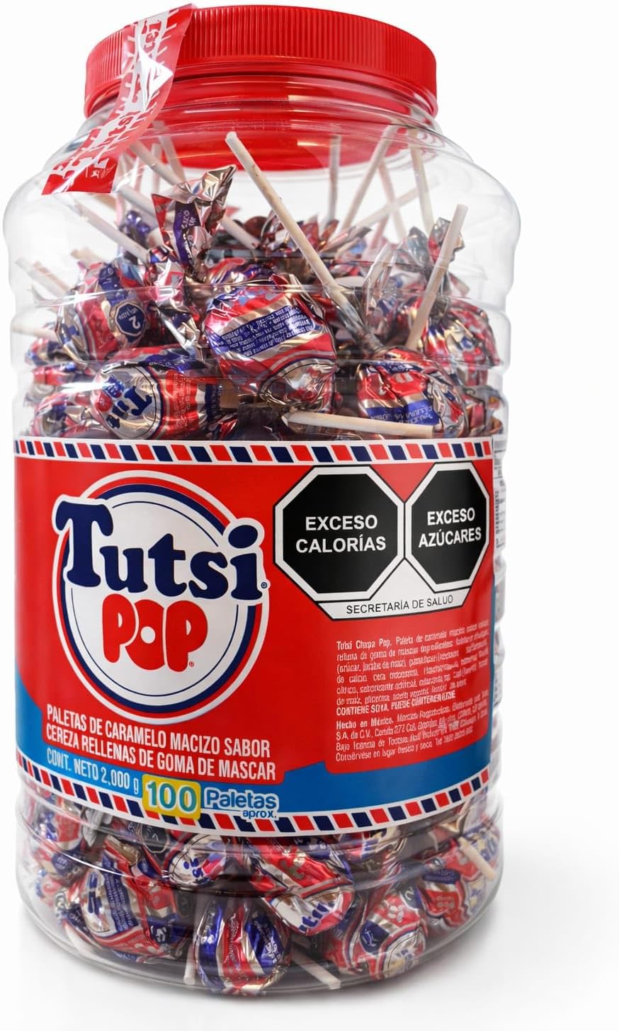 Paletas de Caramelo Sabor Cereza Rellenas de Goma de Mascar, 100 Paletas, 2,000 g