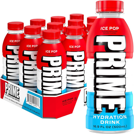 Prime – Bebida de Hidratación Sabor Ice Pop – Prime Hydration Drink Ice Pop, 16.9 fl oz (500 ml) por Botella, Pack de 12, Total 202.8 fl oz (6 L)