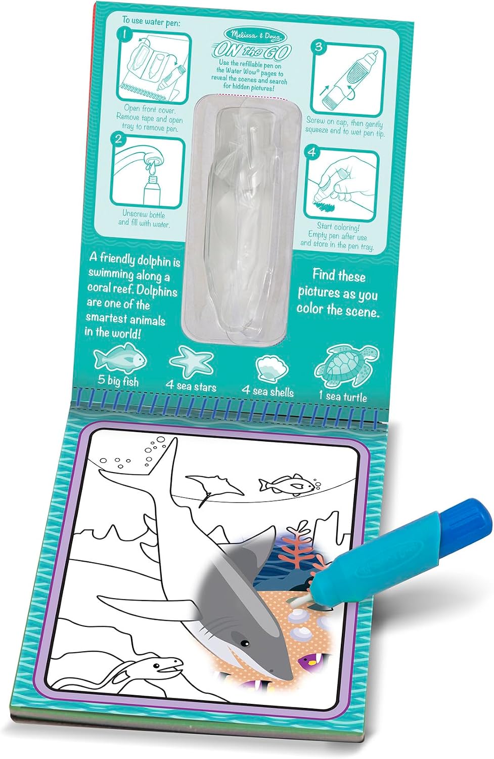 Melissa & Doug On the Go Water Wow! Bajo el Mar: Bloc Revelador Reutilizable Para Colorear con Agua, Pluma de Agua de Tamaño Grueso