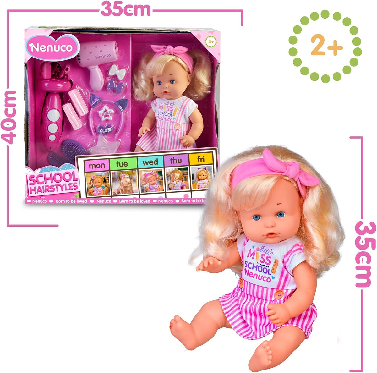 Nenuco - Peinaditos para el Cole, muñeco bebé Cuerpo Duro de 35 cm, de Pelo Rubio y Largo, para hacerle Peinados Diferentes, Muchos Accesorios como trenzador, Desde 2 años, Famosa