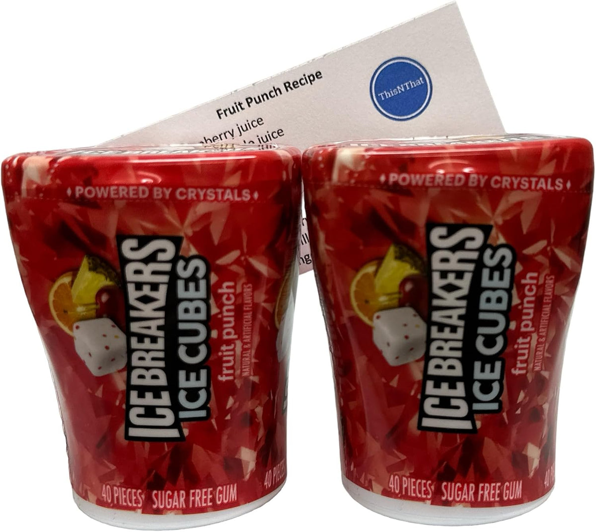 Ice Breakers Ice Cubes - Goma de Mascar sin Azúcar, Ponche de Frutas, Botellas de 40 Unidades, 2 Unidades con Tarjeta de Recetas de Marca Thisnthat, ThisNThat, CHEWING_GUM, Fruta., 2 Unidades