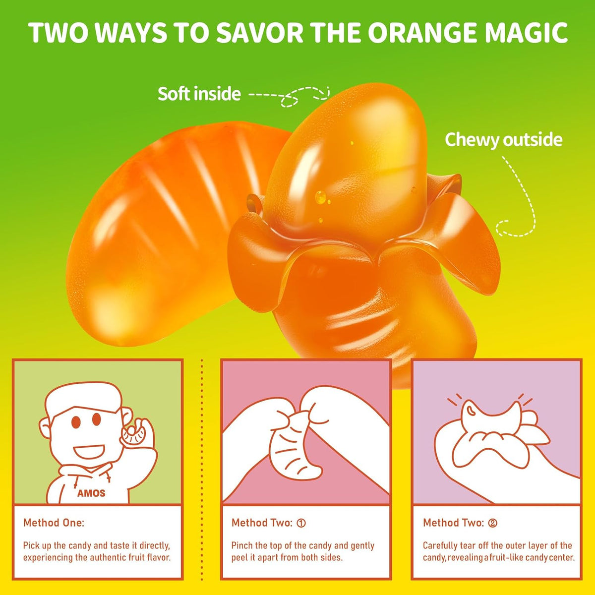 Amos Caramelos de Naranja Gomosos Pelables 4D, Gomitas de Peelerz, Bocadillos de Frutas, Bolsa Resellable D