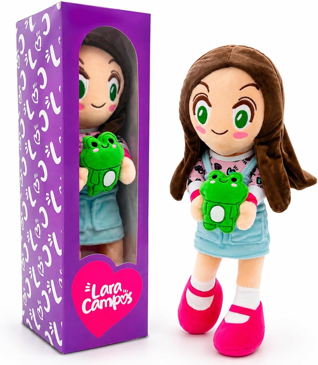 Ult Premium Peluche Lara con Rana Rhenne Scrunchie de Lara Lara Muñeca Acompañante de Aventuras Materiales Suaves Campos Verdes Incluye Bordado y Caja
