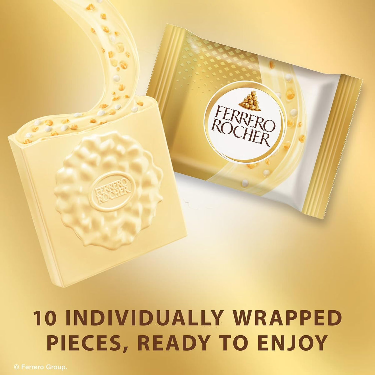 Ferrero Rocher, Cuadros de Chocolate Blanco Rellenos de Avellana, Paquete de 10 Piezas