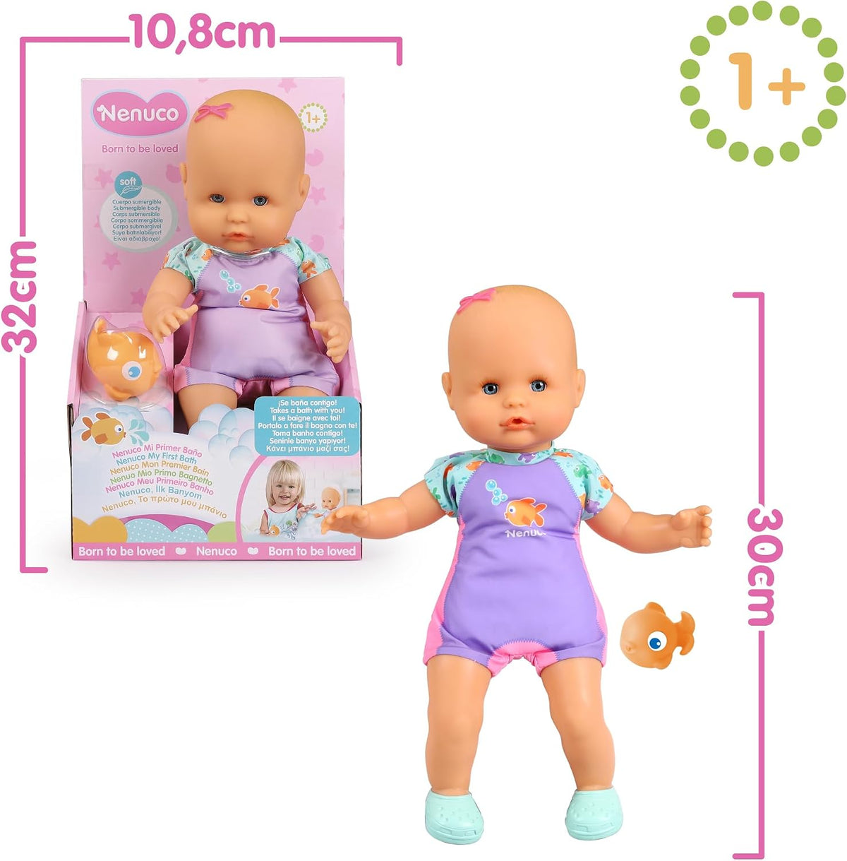 Nenuco Mi Primer baño, una muñeca Suave con Cuerpo Impermeable, se Puede Llevar en la bañera, la Piscina y el mar. Incluye Traje de baño y un pez pequeño Que se coloca en el Agua