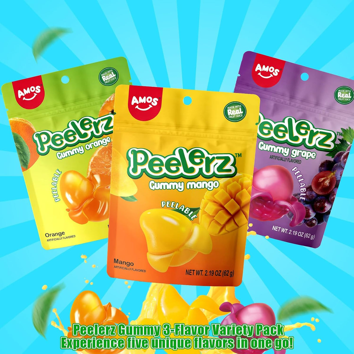Amos Paquete Variado de Gomitas Peelerz: 3 Paquetes Individuales, Gomitas Frutales Pelables en Sabores Mango, Nara