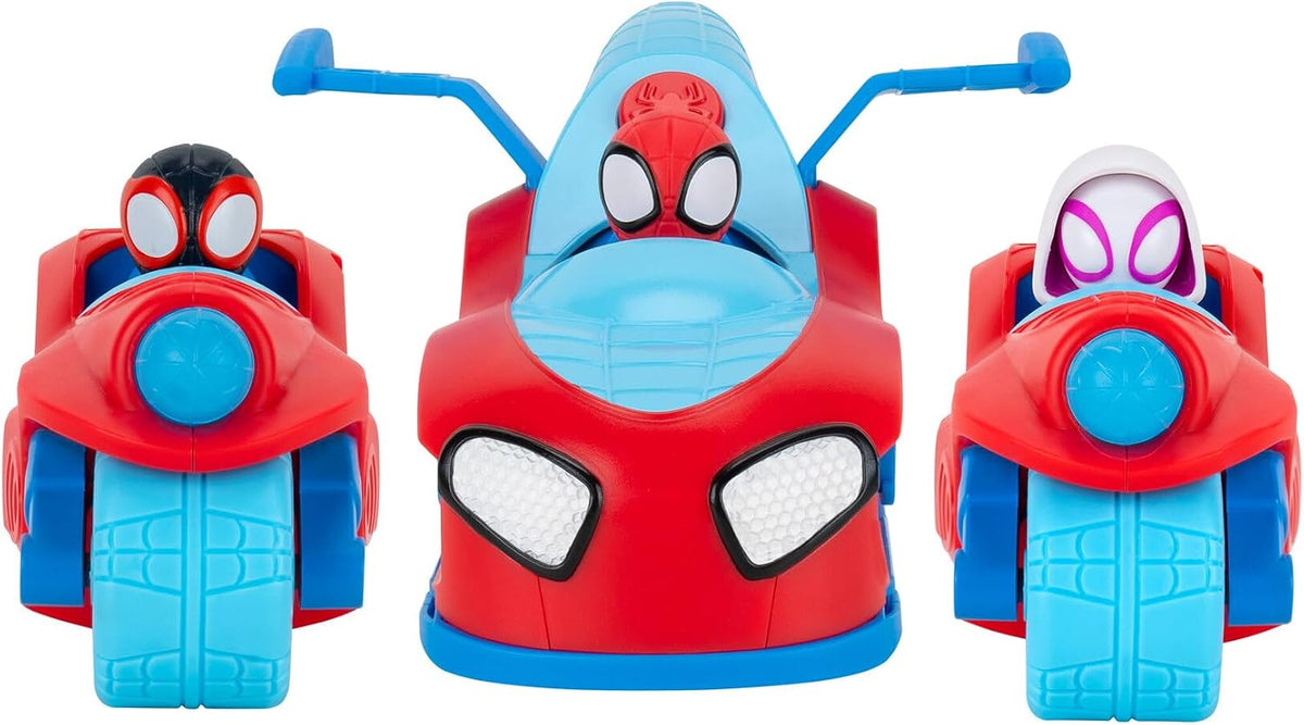 Jazwares Marvel Spidey and His Amazing Friends Spidey Team Split Racer - Vehículo Tres en uno de 8.5 Pulgadas con Dardos Web, Efectos de Sonido y Frases