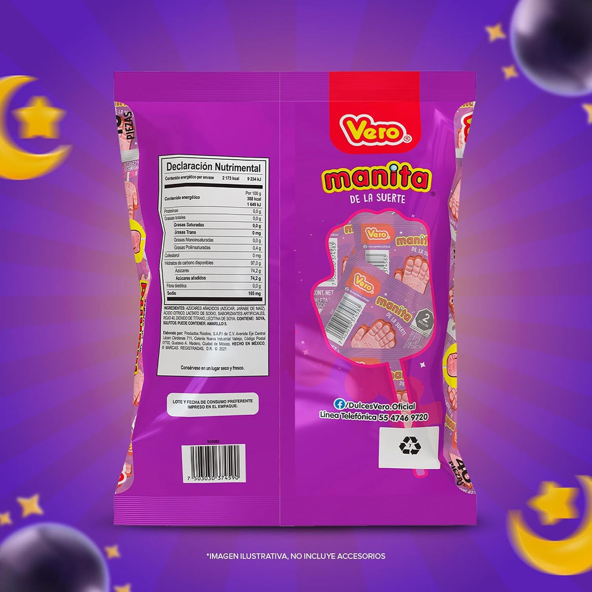 Ricolino Paleta Manita De Caramelo Sabor Fresa-Cereza, Bolsa 40 Pz De 14 G, Color Rosa