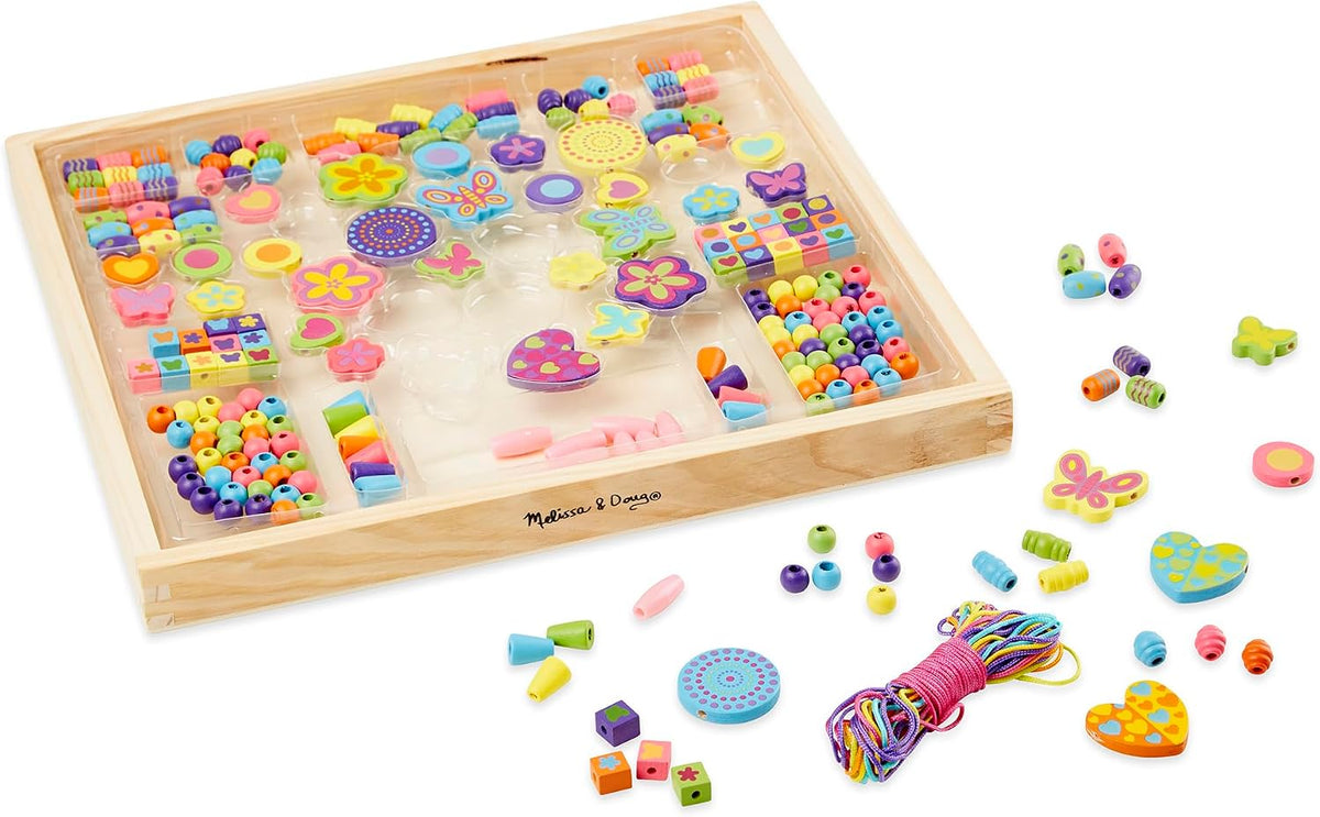 Melissa & Doug Juego Deluxe de Bouquet de Cuentas, Juguete de Madera, Artes y Manualidades, Práctica Bandeja de Madera, 220 Cuentas y 8 Cordones