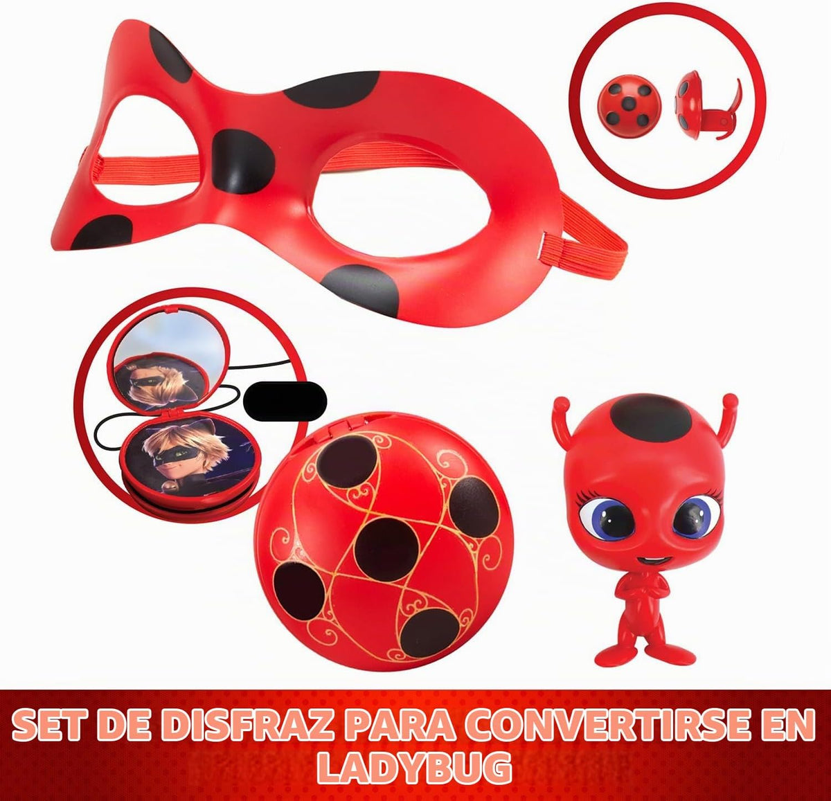 Bandai - Miraculous Ladybug - Kit de transformación - Disfraz de Ladybug - Caja Jojo Máscara Tikki Pendientes Kwami - Disfraz y Accesorios Miraculous - Juguetes para niños a Partir de 4 años - P50604