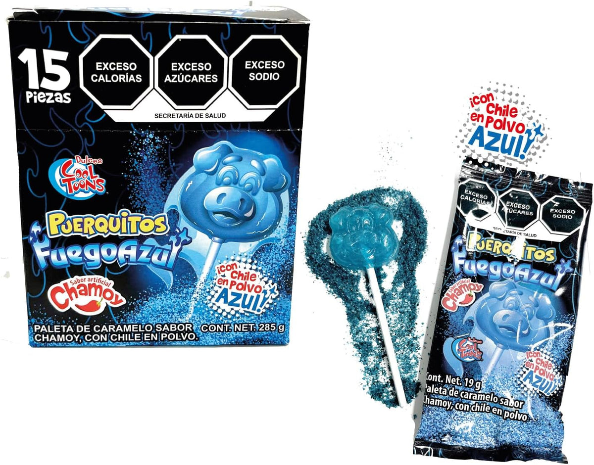 Dulces Cool Toons- Paleta Puerquitos Fuego Azul Paquete 2 cajas (15 Paletas 19grs - c/caja). Sabor Chamoy con chile en polvo . Paleta de Caramelo Macizo con forma de cara de Puerquito).
