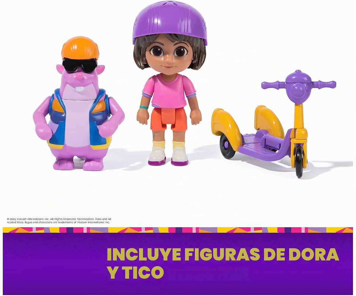 Dora, Set de Aventuras acelera y explora con Figuras de Dora y Tico, y un Patinete de Tres Ruedas, Juguetes para niños y niñas a Partir de 3 años