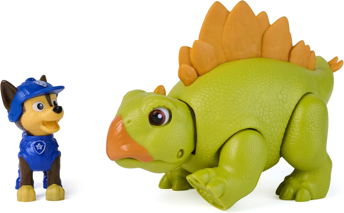 Paw Patrol: The Dino Movie, Incluye Juguete de Dinosaurio estegosaurio articulado de 10,1 cm con Sonidos y Figura de acción de Chase, Juguetes para niños y niñas preescolares, a Partir de 3 años