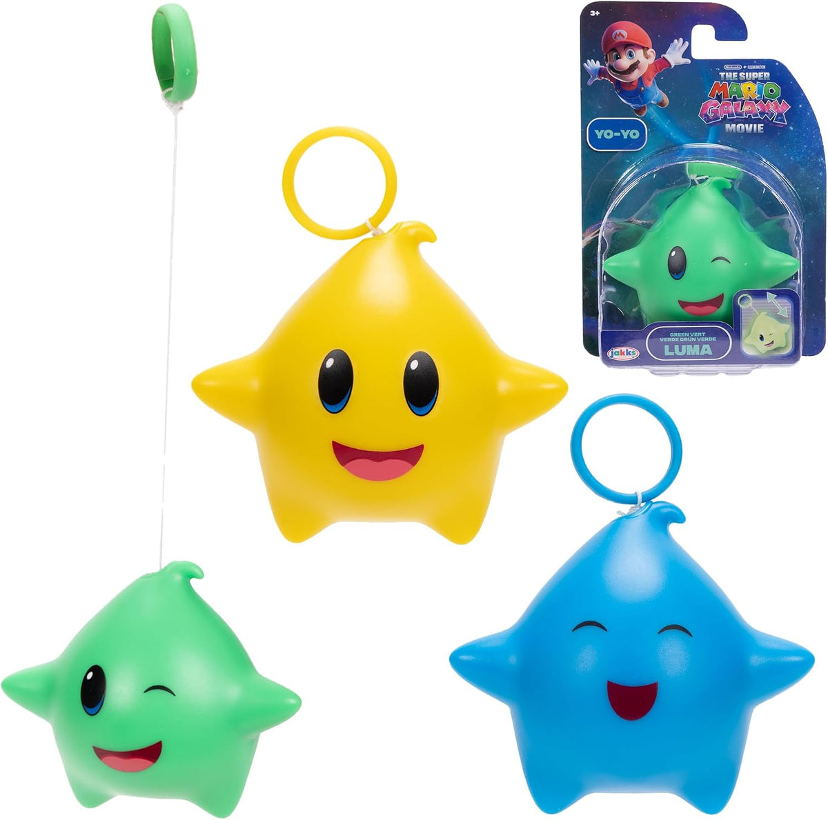 Jakks Pacific Super Mario Galaxy Movie Set 3 Luma Star Yo-Yo Azul, Verde y Amarillo, Brillan en la Oscuridad, Retráctiles, +3 Años