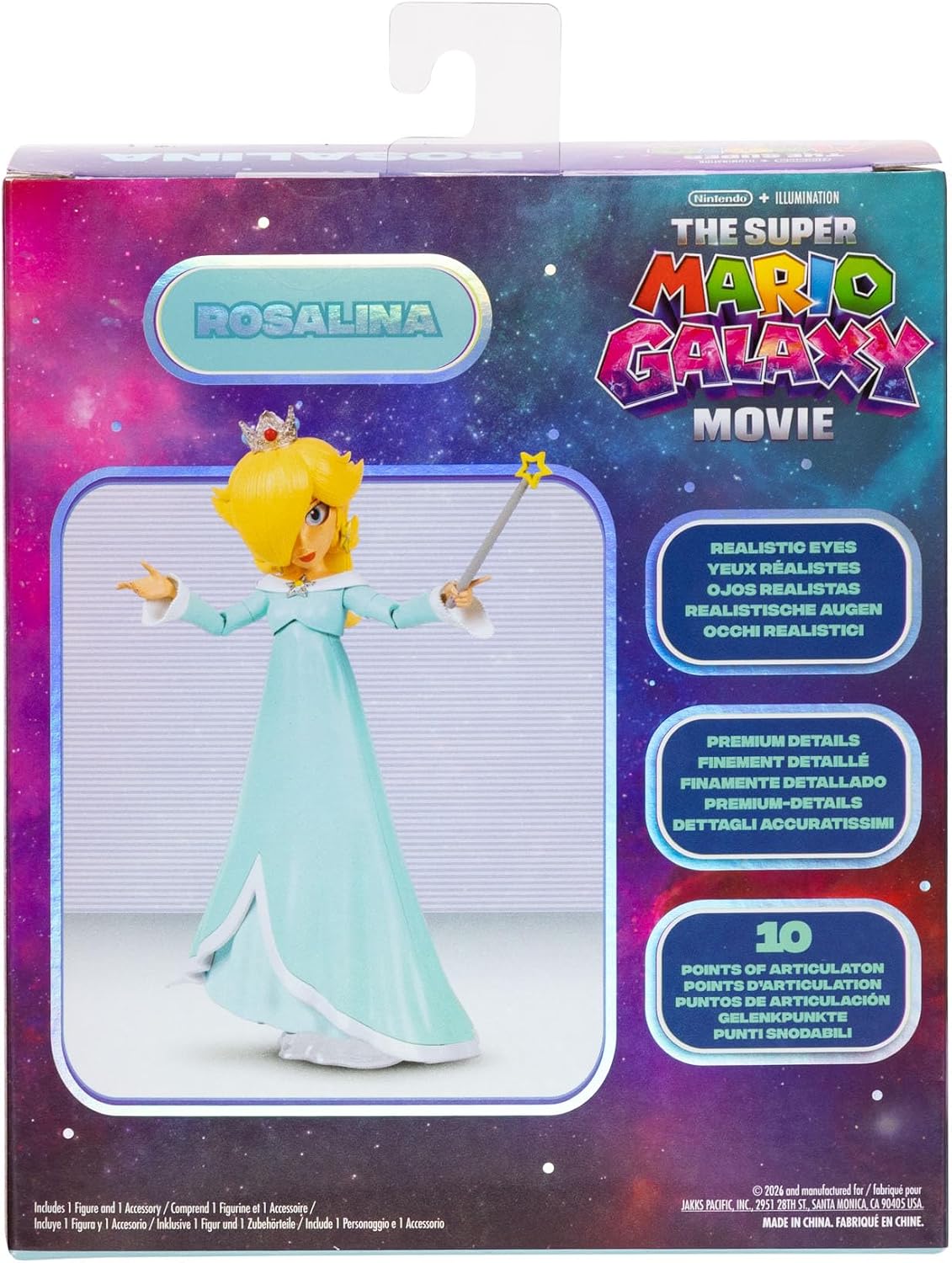 Jakks Pacific Super Mario Galaxy Movie Figura Rosalina 5 Pulgadas con Varita y Base Transparente, 10 Puntos de Articulación, Ojos Acrílicos, Coleccionable, +3 Años